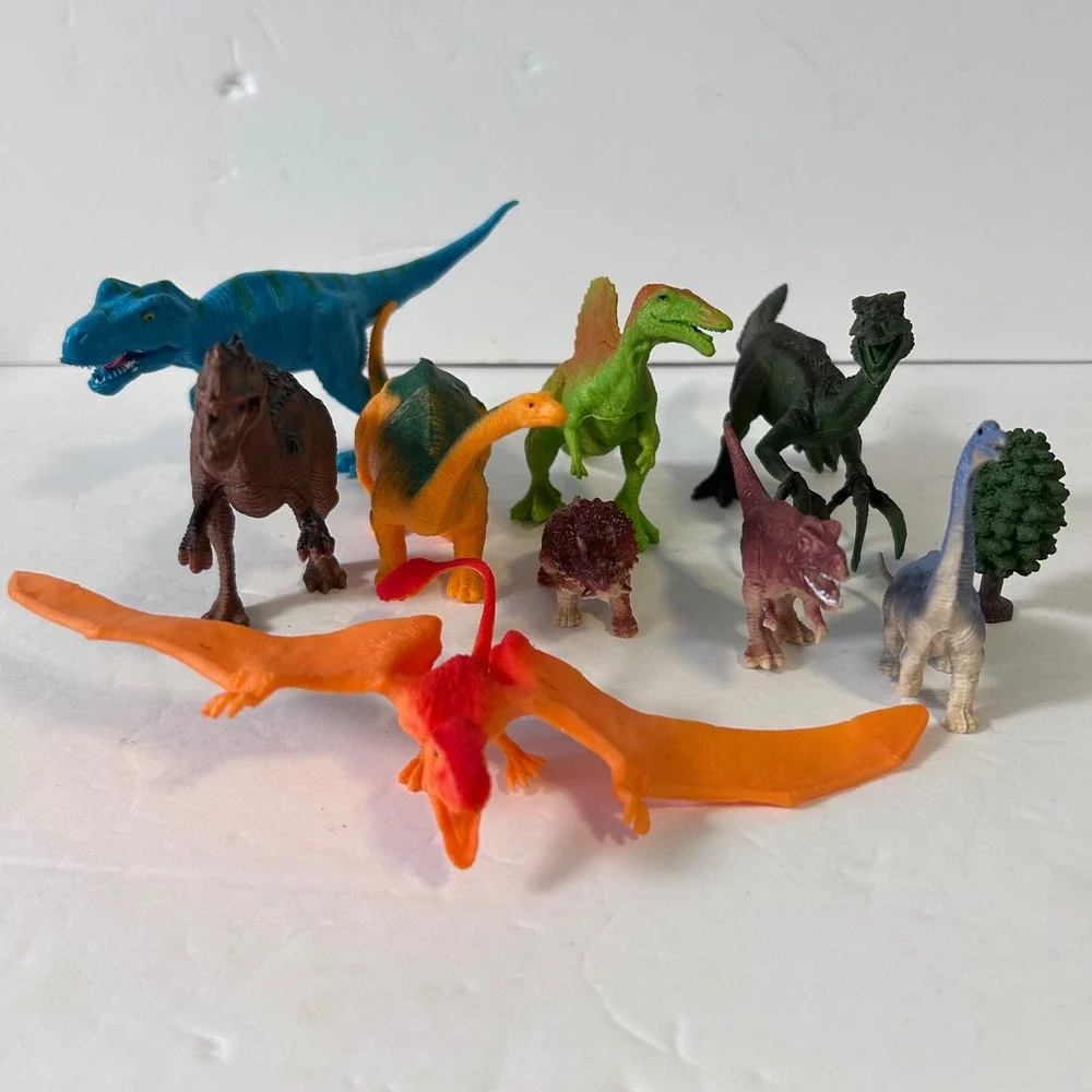 UsedAssorted Plastic Dinosaur Figures Lot of 9 with Tree Toy Prehistoric Animals